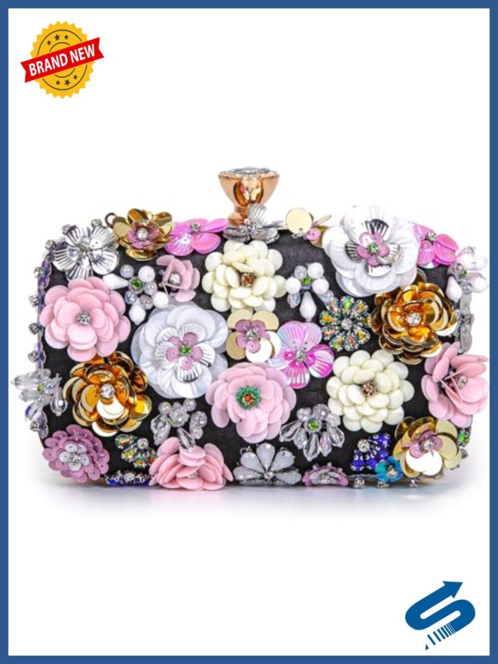 Floral Sequin PU Leather Evening Clutch with Chain Strap